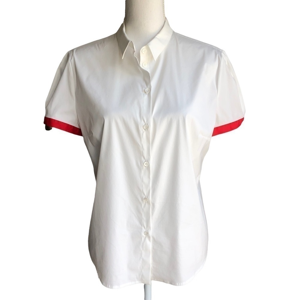 Piazza Sempione Short Sleeve Button Front Blouse White Red Trim Large